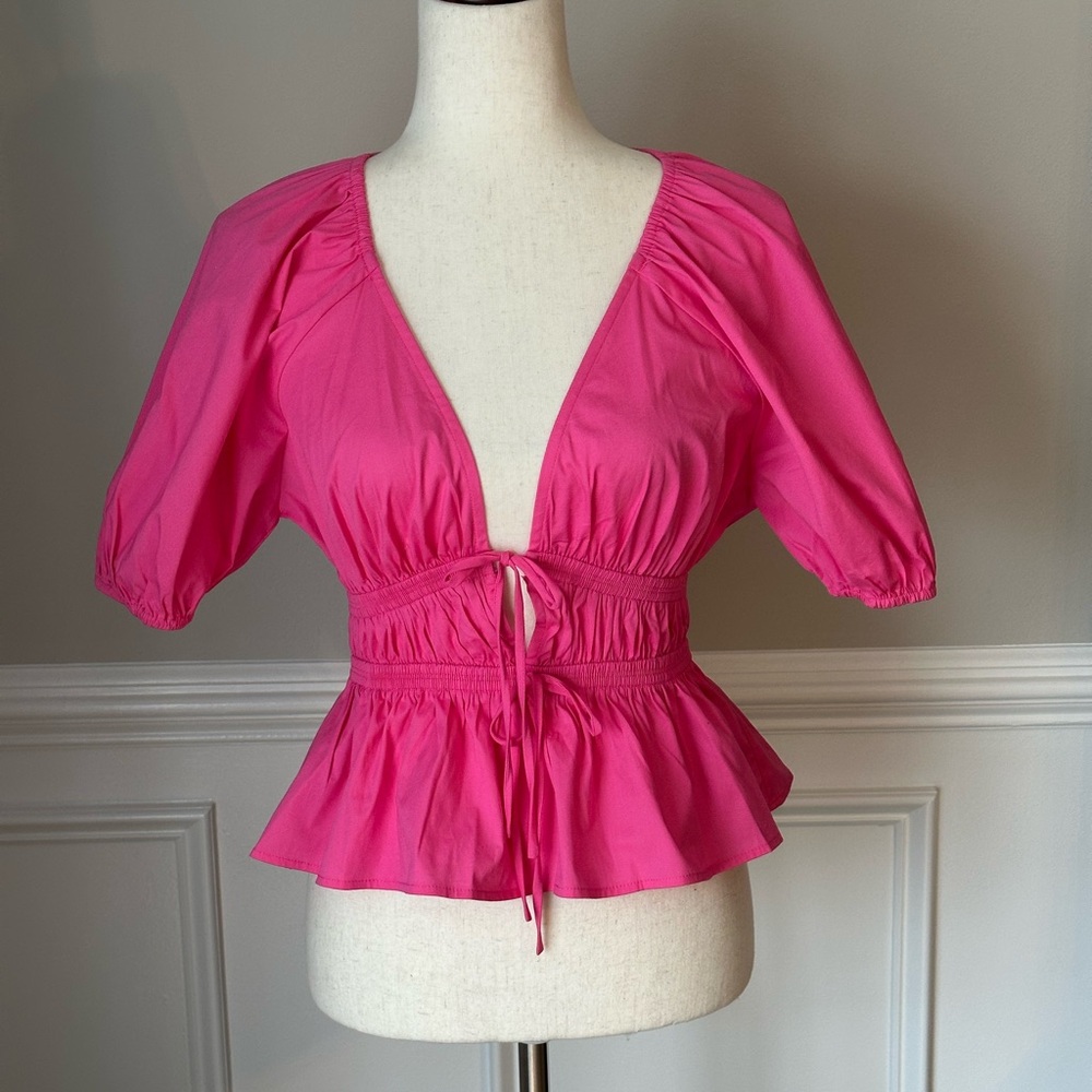NEW WAYF Tie Front Peplum Top Hot Pink size Small